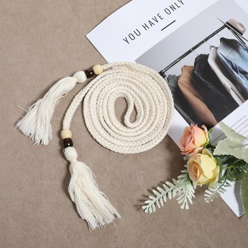 Cotton Long Rope Belt for Women, Tassel Braided Waist Rope Belts, Cotton Boho Waistband Ropes Tie Belt for Women Dress Skirt, Costume Accessory