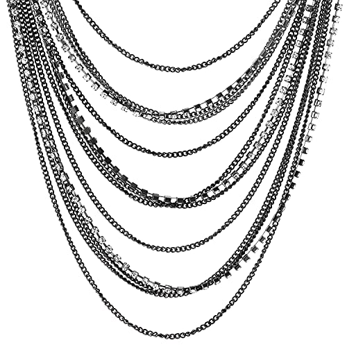 Waterfall Multi-Strand Chains Statement Collar Necklace with Rhinestones Chains, Dress - color: D-Metal Color: Grey & Black