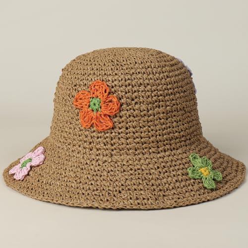 Women Straw Sun Hat Summer Beach Hats Foldable Floppy Cap Wide Brim Bucket Hat Solid Handmade Sun Protection Caps - color: Flora-khaki