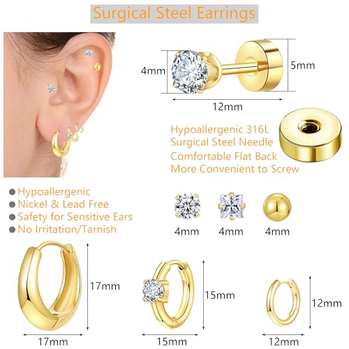 Silver Gold Plated Surgical Steel Flat Back Earrings for Women Hypoallergenic 14K Gold Plated Stud Huggie Earring Set Fashion Shell Cubic Zirconia Flatback Studs Cartilage Earrings Pack for Multiple Piercing 5/8Pairs - color: 6 Pairs Gold Plated Hoops Fla