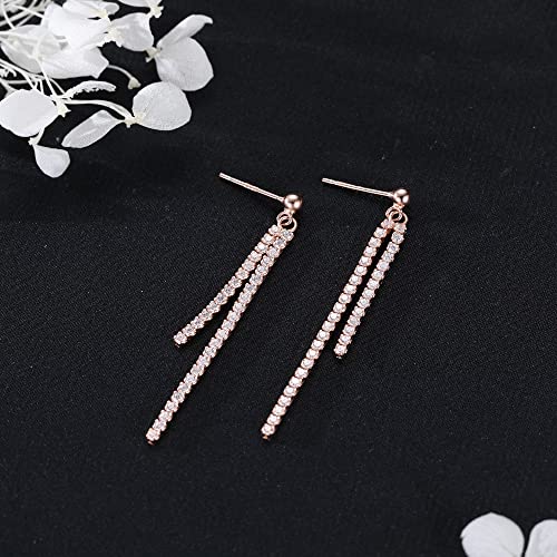 SLUYNZ 925 Sterling Silver Simulated Diamond Drop Earrings Linear Dangle Earrings for Women Teens Eelgant Wedding Bridal Prom Earrings Dainty CZ Long Dangling Earrings Tassel 4.5 cm/7.5 cm - color: C-Rose Color-4.5cm