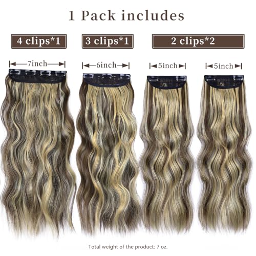Clip in Synthetic Hair Extensions Long Wavy 4PCS Thick Hairpieces Blonde Highlighted Medium Brown Fiber Double Weft Natural Hair Extensions 20 Inch for Women (4pcs, 20Inch, 86H10#) - color: 86H10-Blonde Highlighted Medium Brown