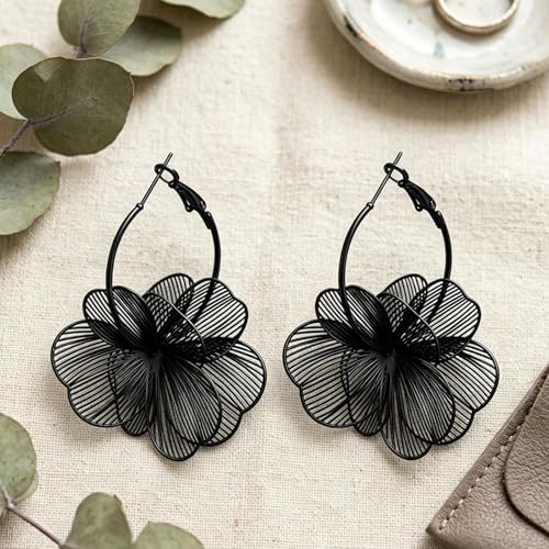 Gold Flower Statement Earrings for Women Boho Trendy Hoop Earrings Floral Dangle Petal Earring Prom Wedding Jewelry Gifts - color: A3:black