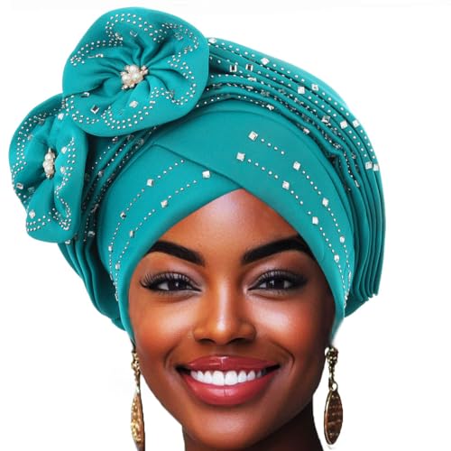 Woeoe Beanie Cap Head Wrap Black Rhinestones Head Scarf Flower Pearls Twisted Head Turban for Women Girls - color: Teal Color
