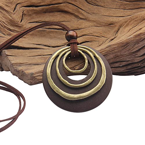 GelConnie Leather Cord Necklace Chain Multilayer Wooden Pendant Necklaces Vintage Jewelry Boho Long Sweater Necklace for Women Men - color: Brown Leather Necklace