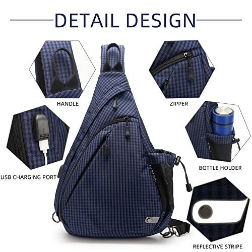 TurnWay Water-Proof Sling bag/Crossbody Backpack/Shoulder Bag with USB Charging Port for Travel, Hiking, Cycling, Camping - color: Blue Grid