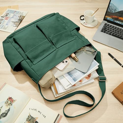 KALIDI Canvas Tote Bag Large Hobo Crossbody Shoulder Handbag Zipper Messenger Bag for Women or Men Casual College Work - color: Upgraded Dark Green