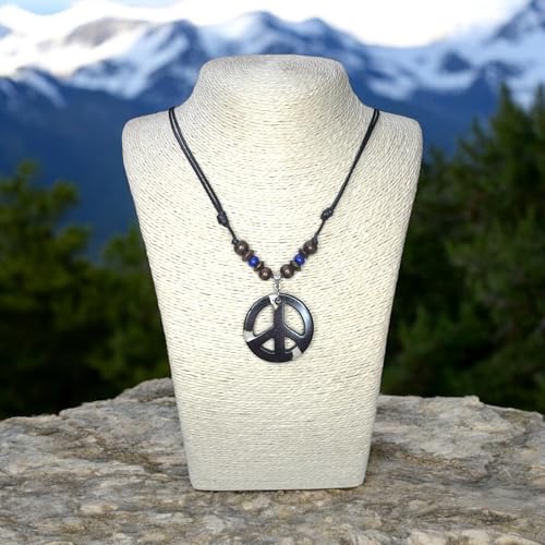 LAVIP Peace Sign Pendant Necklace, Black Cord with Wooden Beads, Boho Style - color: Black-1