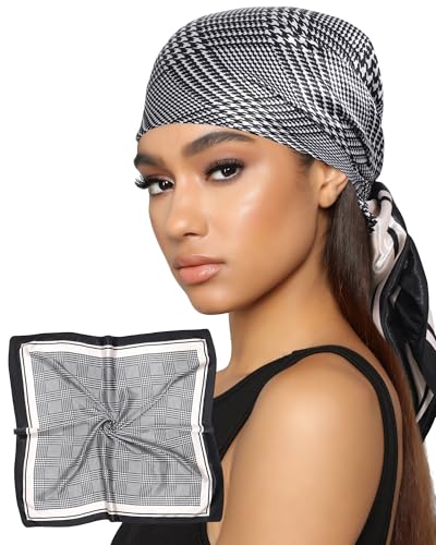 AWAYTR 35” Satin Head Scarf for Women Like Silk Scarf for Hair Scarf Satin Hair Bandana Women Headscarf Hair Wrap Scarf Neck - color: Plaid - Black + White