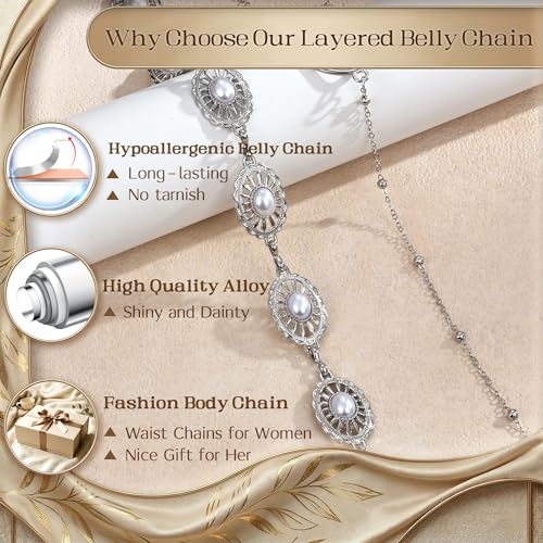Florideco Waist Chain Belt for Women, Layered Belly Chain, Waterproof Boho Pearl Concho Cuban Body Chain, Adjustable Summer Beach Coachella Fashion Jewelry for Jeans Dresses - style: Silver Plated-Concho Chain