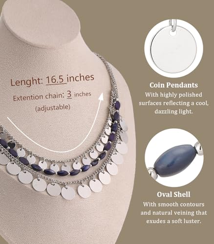 Noessla Layered Beaded Chunky Necklace for Women Boho Two-color Shell Statement Necklace Fashion Collar Costume Jewelry Gifts for Mum - color: 94-Navy Blue