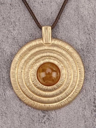 Kelake Leather Necklace for Women Men Teen Vinatge Boho Alloy Pendant Choker Jewelry Fashion Sweater Necklaces with Adjustable Genuine Leather Chain - color: Brown Jade Gold Concentric Circle Pendant