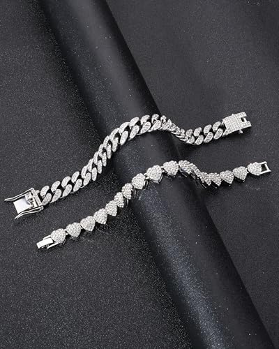 TEN MIRO Silver Plated Bracelets for Women,Silver Tennis Bracelets for Women Non Tarnish Heart Square Cuban Bracelet stack Layered Link Bracelet Set Fashion Jewelry for Women or Men