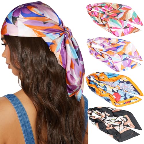 AWAYTR 27.5” Silk Satin Square Head Scarf - 4PCS Satin Head Scarves for Women Hair Kerchief Bandanas Sleeping Head Wraps - color: Flower
