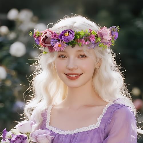 Purple Flower Crown Headband, Artificial Fairy Daisy Floral Headpiece, Forest Boho Bridal Flower Crown for Women Girls Maternity Renaissance Weeding Festivals Birthday Hair Accessories - color: Daisy Purple