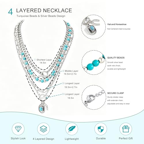 Western Necklaces Boho Turquoise Cross Necklace Set Navajo Pearl Beaded Layered Choker Cowgirl Christian Western Jewelry for Women - color: Style-D