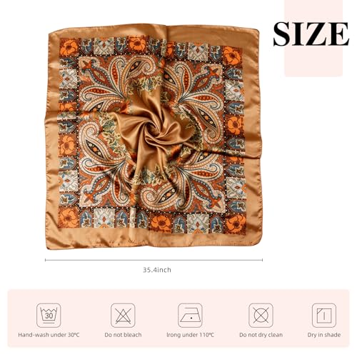 35 x 35 Women's Fashion Pattern Large Square Silk Like Hair Scarf Head Sleeping Wrap Satin Neck Bandana for Gift… - color: Big Cashew Camel