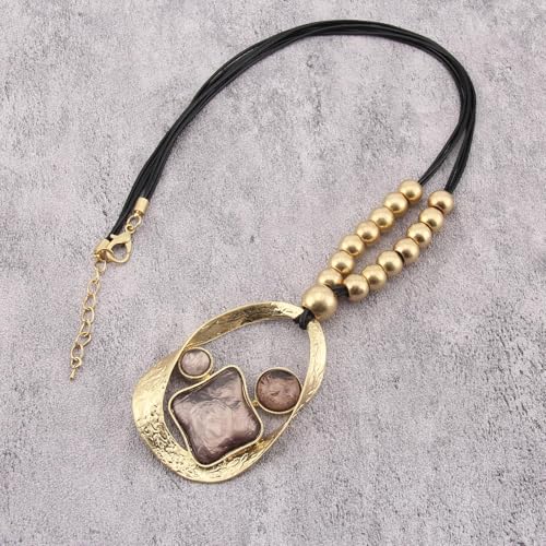 Leather Necklace for Women Large Pendant Hippie Choker Necklace Vintage Sweater Necklace Chunky Boho Necklaces for Women - style: Chunky Boho Necklaces