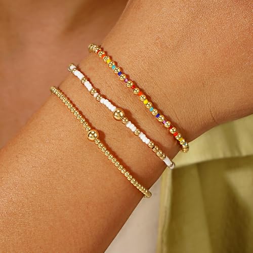 Dainty Gold Plated Tiny Ball Colorful Beaded Stack Bracelets Sets for Women,3Pcs Stackable Cute Bracelet Stretch Trendy Ball Jewelry Friendship Gift - color: Colorful