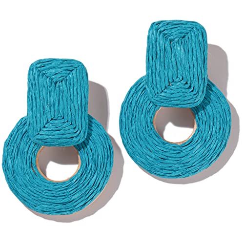 Statement Raffia Earrings Cute Boho Earrings Rattan Dangle Earrings Handmade Straw Wrap Earrings Summer Drop Dangling Earrings for Women Teen Girls - color: Blue