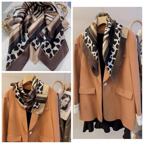 CHUNG Women's Scarf Hair Bandanas Square 27.5" Satin Wrap Fashion Pattern Scarves Emulation Silk Handbag Ribbons Necktie - color: Brown Leopard-103#