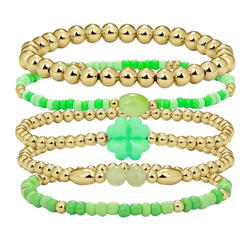 Gold Beaded Bracelets for Women: 14K Gold Bracelets for Women Trendy Dainty Gold Ball Bracelet Stack for Womens - Boho Stretch Bracelets Jewelry Sets with Cross Fashion Accessories Gifts for Women - style: clover
