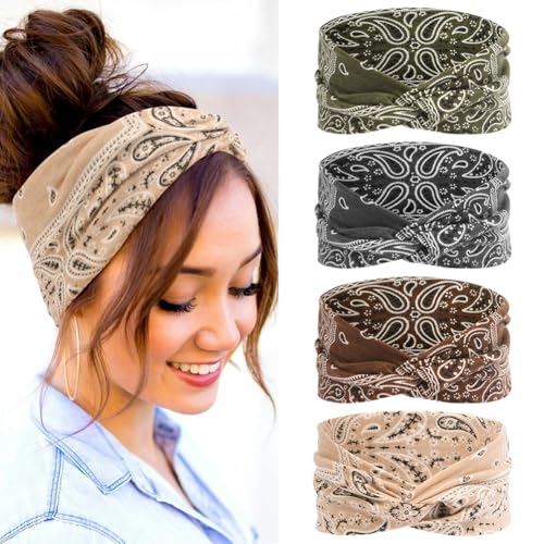 4 Pack Headbands for Women's Hair, Printed Crisscross Headbands, Soft Fabric, Boho Style Hairs Accessories for Women, Elastic Hair Bands for Sports, Yoga, Skincare, Outdoor Occasions - color: #C - 4pc