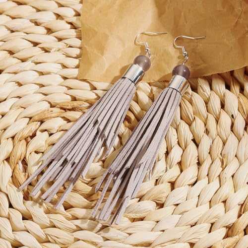 Coiris Boho Leather Layered Tassel Earrings for Women Lightweight Leather Fringe Dangle Earrings Handmade Bohemian Summer Beach Western Drop Earrings for Women - color: Gray