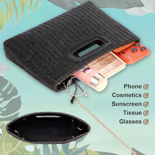 Beach Clutch Bag Straw Summer Clutch Purses for Women Handmade Woven Purse Detachable Gold Chain, Crossbody - color: Black
