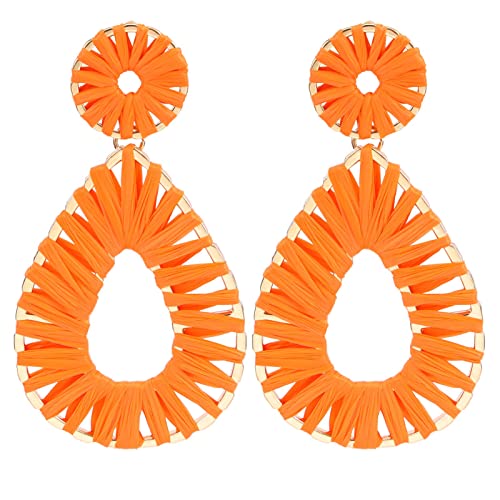Raffia Teardrop Dangle Earrings Handmad Statement Drop Earrings - color: Orange