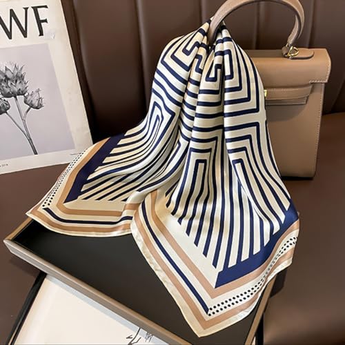 JERLA 100% Pure Mulberry Silk Square Scarf for Hair-27''x27'' Women Men Natural Silk Neckerchief Headscarf - color: Blue and Coffee Geometry Stripe