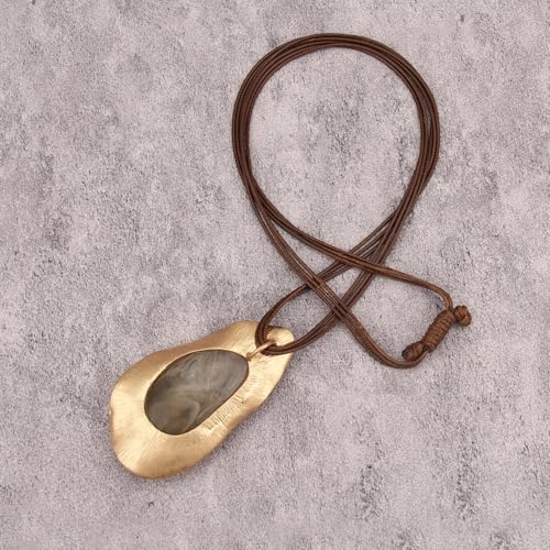 GelConnie Leather Necklace for Women Large Pendant Long Brown Necklace Circle Leather Choker Vintage Sweater Necklace Gold Chunky Boho Necklaces for Women - style: Large Grey Stone Necklace