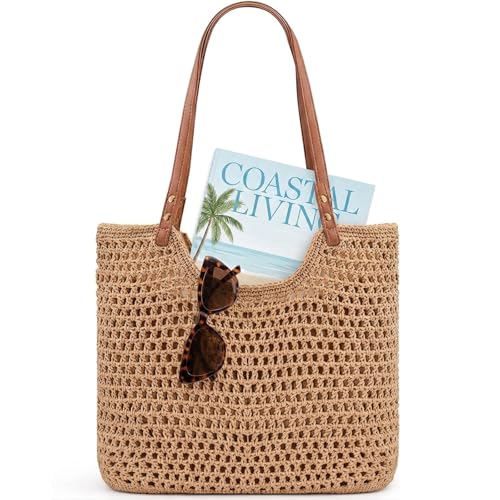 Crochet Beach Bags for Women, Reinforced Strap Woven Tote Bag with Zipper, Lined Boho Summer Vacation Travel Purse - color: Khaki