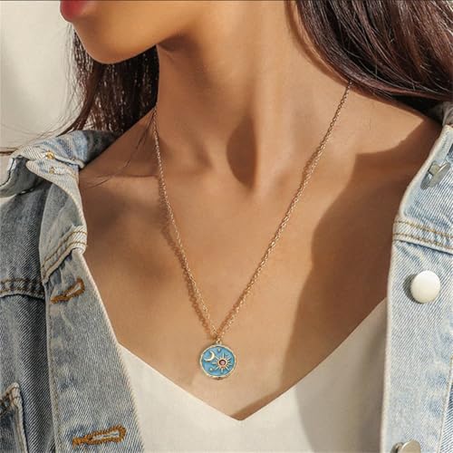 MALOYANVE Vintage Sun and Moon Drop Dangle Earrings for Women Unique lightweight Handmade Retro Boho Antiqued Gold Silver Round Coin Earrings for Women Jewelry - color: Gold Blue Earrings and Necklace