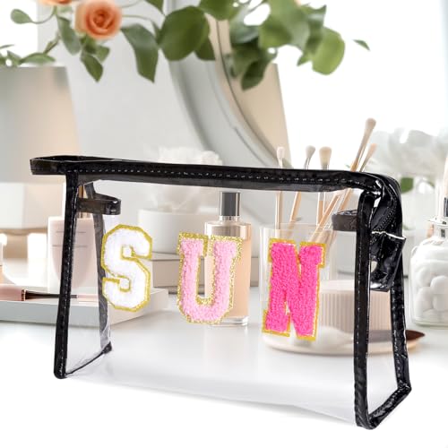 Preppy Patch Makeup Bag, Sun Chenille Letter Bag for Beach, Pouch with Zipper, Travel Bags Clear Cosmetic Toiletry Bag for Women Girls Teens (Black) - color: Black