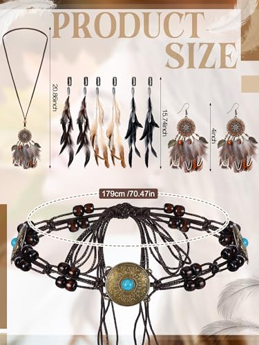 Fourluoo Boho Feather Hair Accessories Set for Women Include 6pcs Feather Hair Clips Necklace & Earrings & Braid Waist Belt Vintage Headband Accessories, Festival Wedding Party Jewelry Kit
