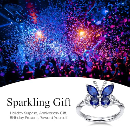 Bestyle 925 Sterling Silver Butterfly Ring Hypoallergnic Adjustable Birthstone Rings for Women Butterfly Jewelry Gifts for Anniversary Mothers' Day Birthday - color: 09.September (Sapphire)-TOP