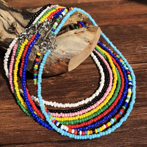 PINK TOWN Colorful Beaded Necklace Bohemian Rice Beads Choker Handmade Summer Beach Necklace for Women - color: Royalblue