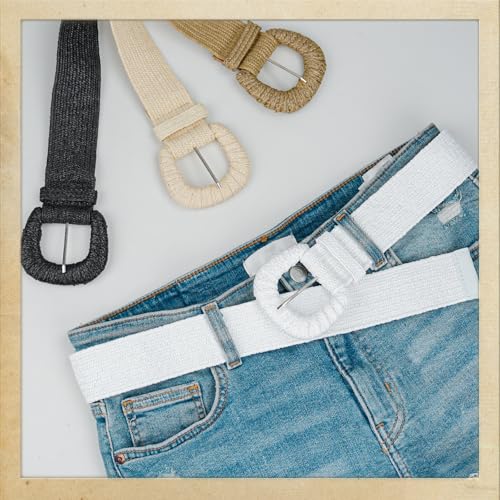 Straw Woven Elastic Belt for Women, Boho Braided Raffia Waist Belt, Stretch Rattan Belt for Summer Dresses - color: D Ring Buckle-white-with Earrings, size: M: Fit waist size up to 35"