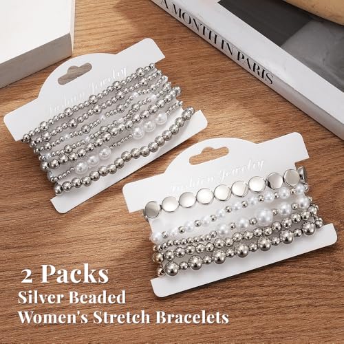 KISS WIFE Bracelets for Women, 13 Pcs Gold Silver Beaded Bracelet Stack with Faux Pearl, Stretch Elastic Strand Ball Fashion Jewelry Set, Adjustable Accessories Gifts - color: Silver