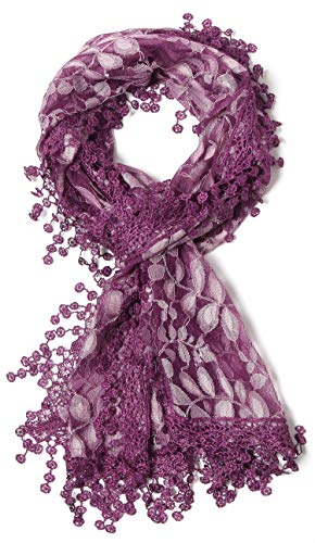 Cindy & Wendy Lightweight Soft Leaf Lace Fringe Scarf Bridal Shawl for Women - color: Purple