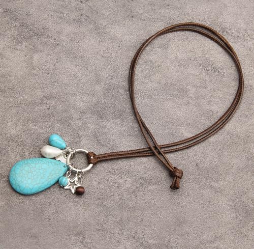 PU Leather Necklace Vintage Boho Style Multilayer Pendant Long Sweater Necklace Jewelry for Women Men with Adjustable Leather Cord - color: Drop Turquoise Ring Necklace