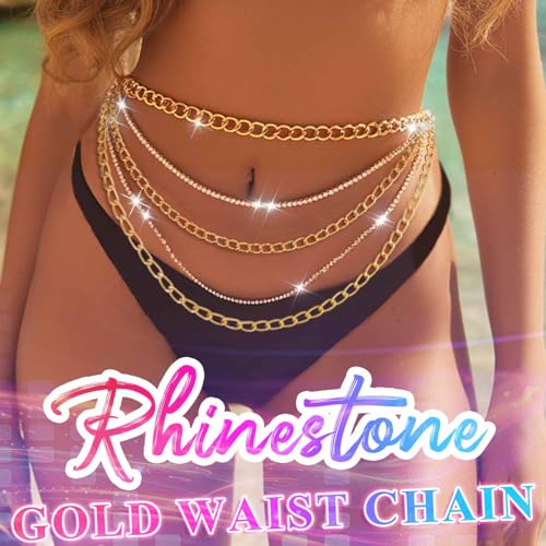 Nicute Gold Chain Belt Layered Waist Chain Sparkly Body Chain Jewelry for Women - color: Gold