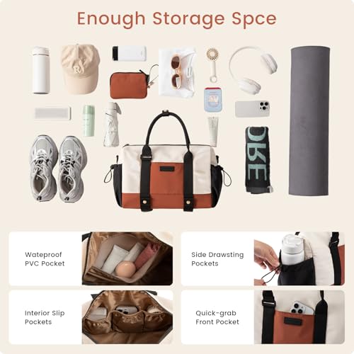 LOVEVOOK Small Gym Bag for Women with Yoga mat Holder, Mini Duffle Bag for Travel with Wet Pocket, Overnight Personal Item Bags, Lightweight Carry on Weekender Duffel for Workout, Dance, Ballet - color: Black-White-Brown, size: 14.5 inch-Small-2Pcs