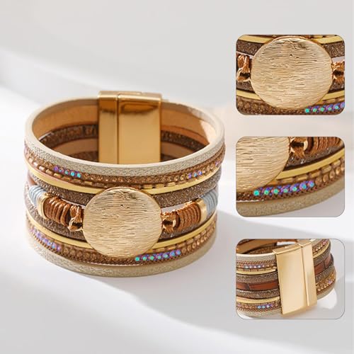 Long tiantian Leather Wrap Bracelets Boho Bracelets for Women Rhinestone Leather Bangles Boho Western Outfit Accessories Jewelry Gifts - color: Boho Stone Charm Bracelets(brown)