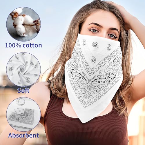 6 Pack Pure Cotton Bandana, Multi-Purpose Square Handkerchief, Face Mask headband for Men and Women - color: White