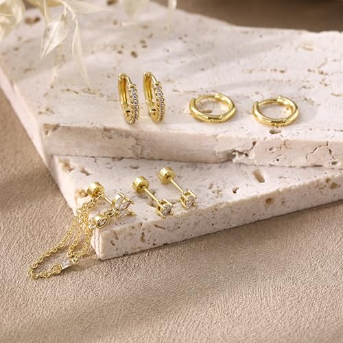 7Pcs Earring Stacks Cartilage Helix Flat Back Hoop Set For Women Stud Small Huggie Chain Multiple Piercing 14K Gold Plated Jewelry Triple Cubic Zirconia - color: 14K Gold Plated, size: Flat Back