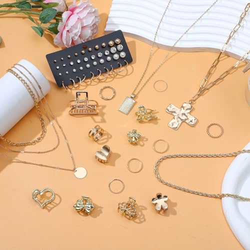 NEWITIN 44 Pieces Chunky Gold Jewelry Set for Women Fashion Costume Jewelry Gold Plated Chunky Necklace Chain Bracelet Ring Hoop Earrings Set for Women - color: Gold C