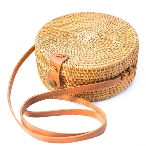 Boho Rattan Crossbody Bag, Handwoven Round Rattan Bag Purse for Women, Tote Basket Circle Boho Bag for Travel Summer Picnic - style: Rattan Bag With Non-adjustable Strap