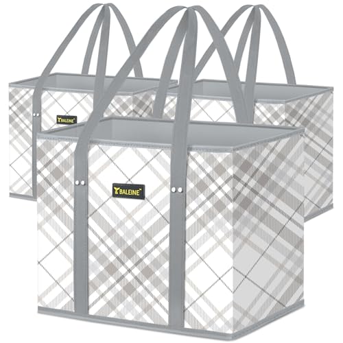 BALEINE 3Pk Reusable Grocery Bags, Foldable Shopping Bags for Groceries with Reinforced Bottom & Handles (Plaid Check) - color: Plaid Check, size: 3 Pack